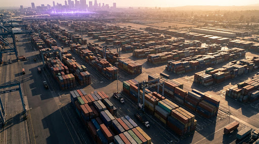 Aerial view of a sprawling international container shipping yard at golden hour
