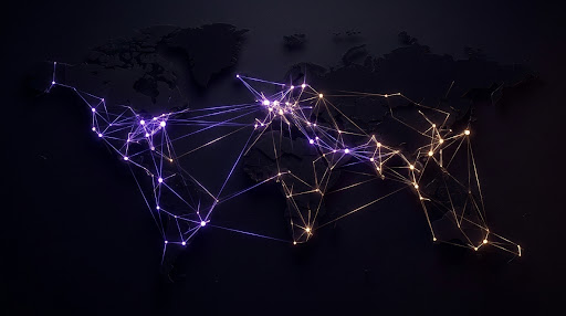 Abstract visualization of a global trade network with violet and gold nodes connected across continents